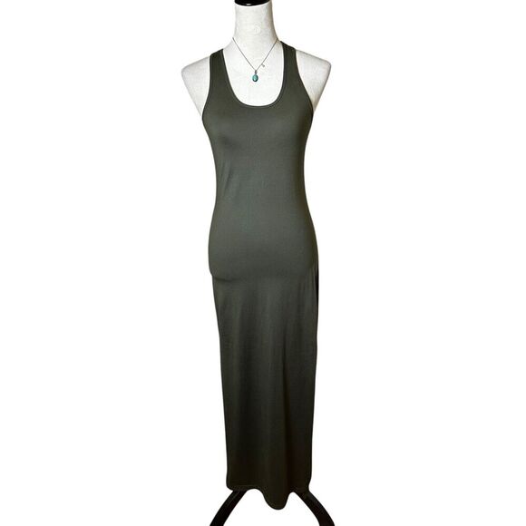 Maze Olive Green Bodycon Stretchy Tank Maxi Dress Side Slits Casual Minimalist - Picture 1 of 10